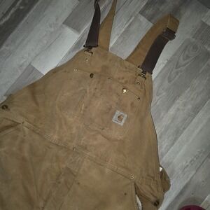 Vintage Carhartt Insulated Duck Bib Overalls 44x30 Brown Distressed Workwear